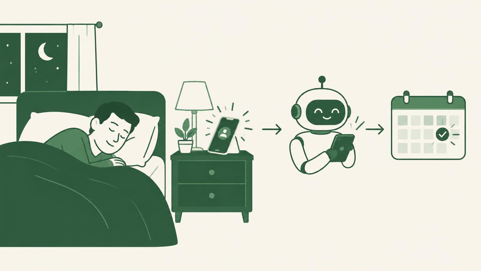A business owner asleep at night while a smartphone receives a lead notification and an AI assistant instantly replies and books the appointment