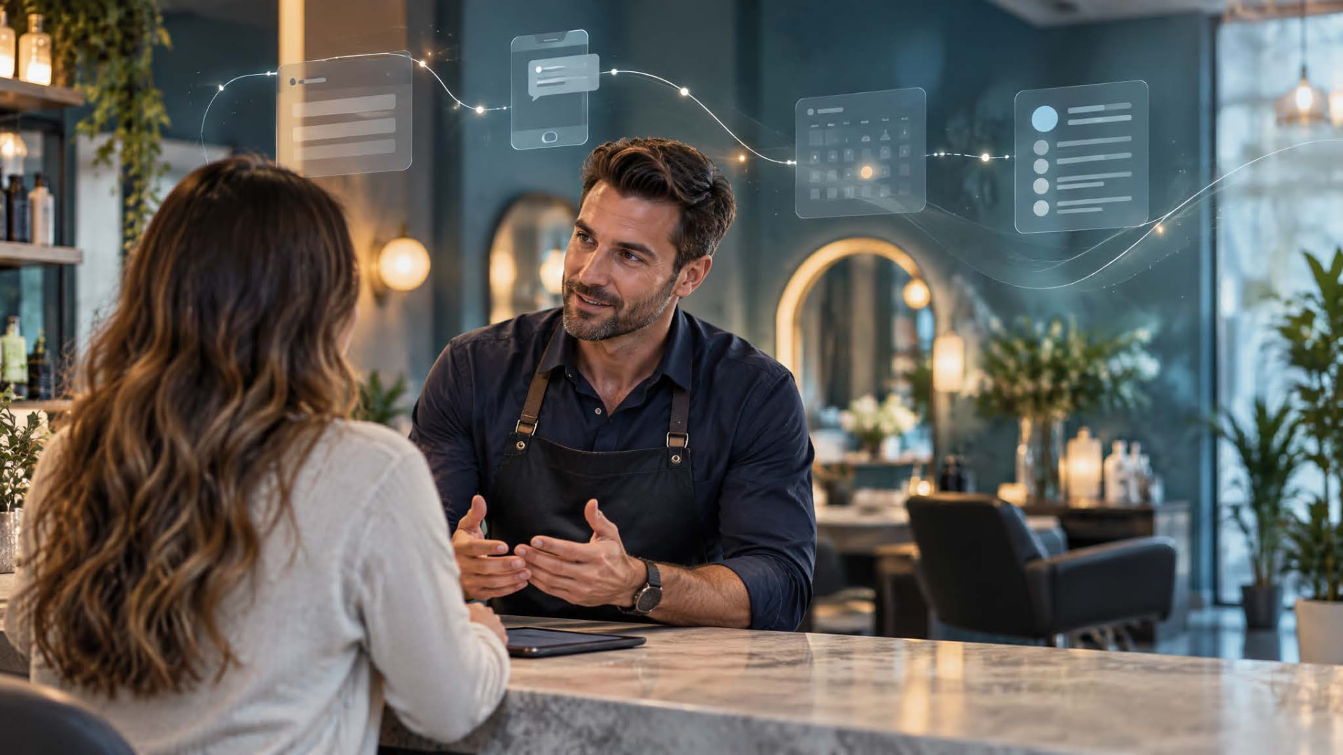 Business owner talking with a customer while AI-assisted scheduling and follow-up tools run in the background