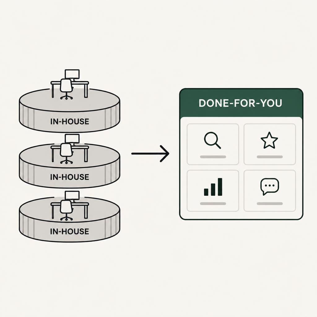 Three in-house desks stacked on one side and a single done-for-you dashboard on the other