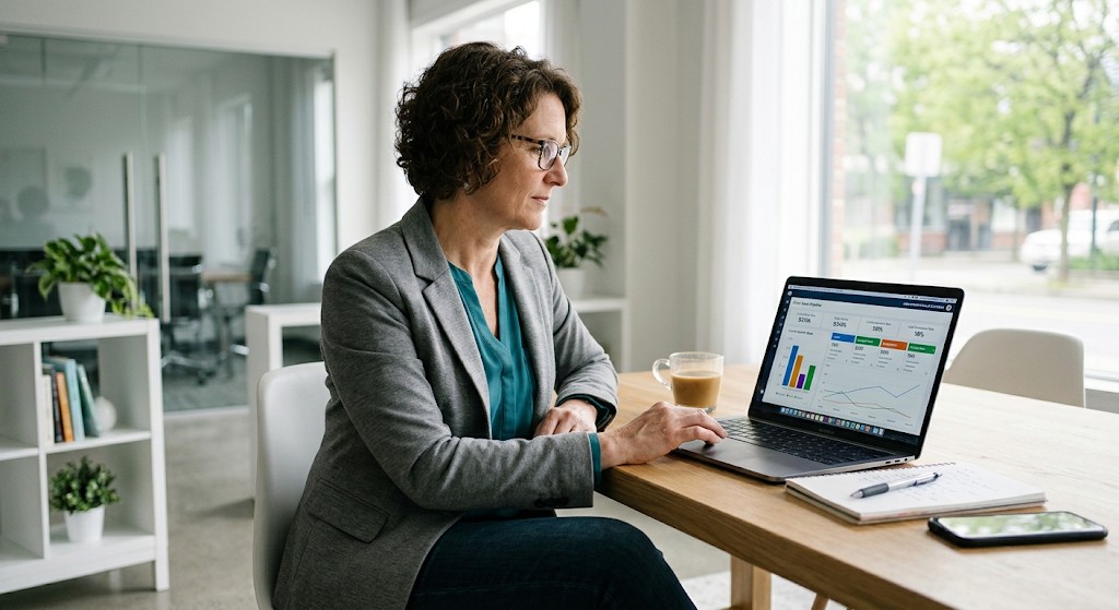 Business owner reviewing a sales pipeline dashboard on a laptop at her desk